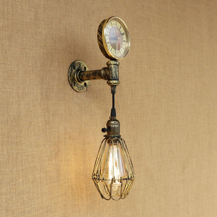 Vintage Indoor LED Wall Lamp with Rustic Industrial Clock