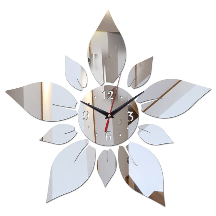 Mirror Leaf Design DIY Acrylic Sticker Wall Clock