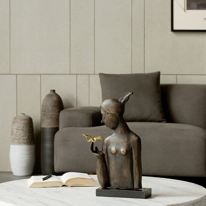 Creative Metal Girl with Golden Dragonfly Statue Home Office Decor