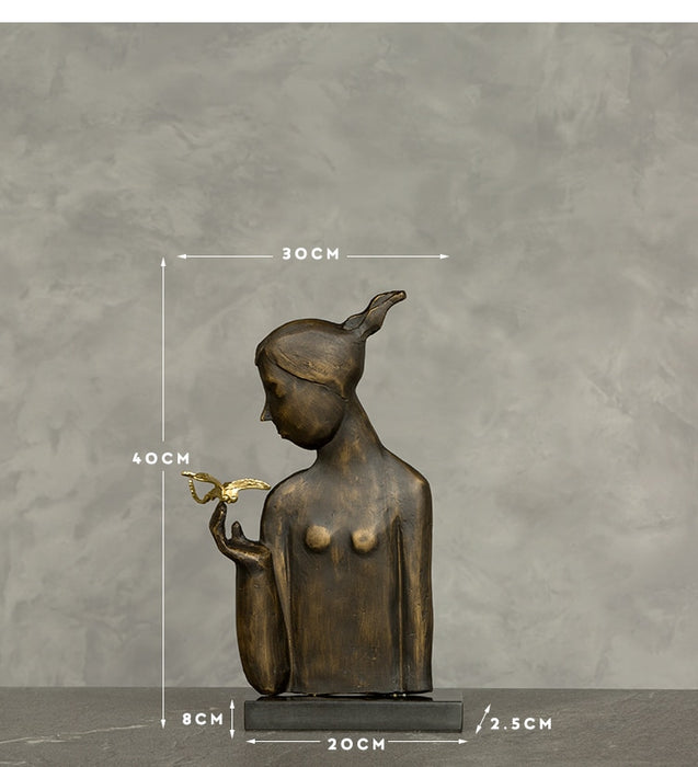 Creative Metal Girl with Golden Dragonfly Statue Home Office Decor