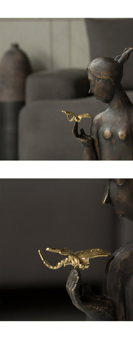 Creative Metal Girl with Golden Dragonfly Statue Home Office Decor