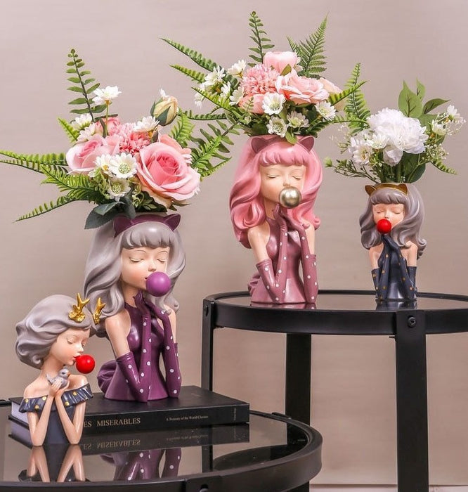 Flower Vase Girl and Animals Figurine Home Decoration