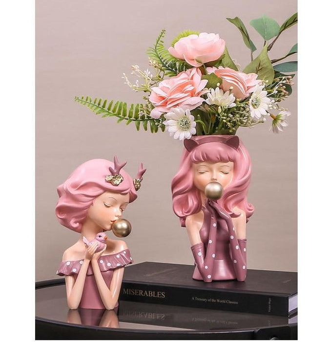 Flower Vase Girl and Animals Figurine Home Decoration