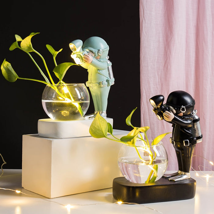 Glass Vase with Scuba Diver Astronaut Miniatures Home Decor