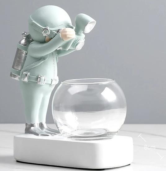 Glass Vase with Scuba Diver Astronaut Miniatures Home Decor