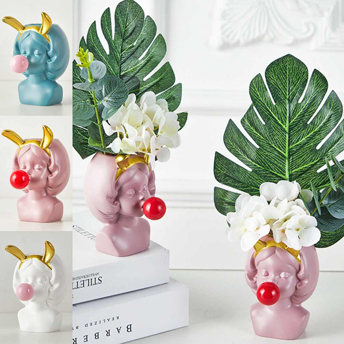 Cute Cat and Bunny Girl with Gum Balloon Resin Flower Pot