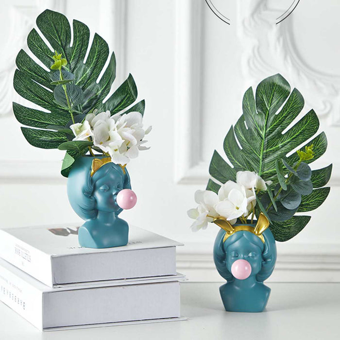 Cute Cat and Bunny Girl with Gum Balloon Resin Flower Pot
