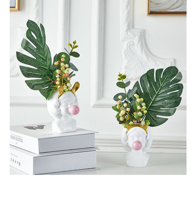 Cute Cat and Bunny Girl with Gum Balloon Resin Flower Pot