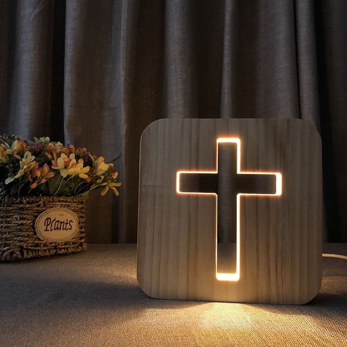 Solid Wood Pine Craft Cross LED Desk Light Home Decor
