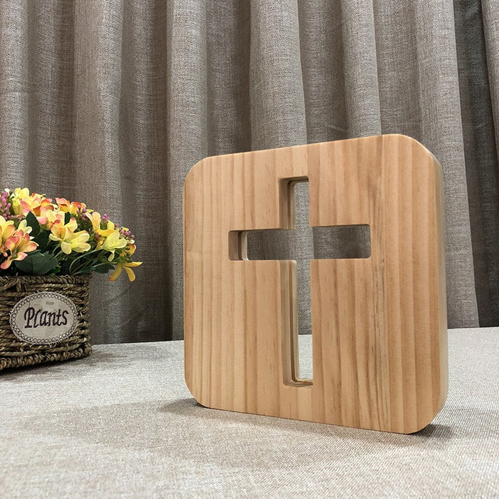 Solid Wood Pine Craft Cross LED Desk Light Home Decor