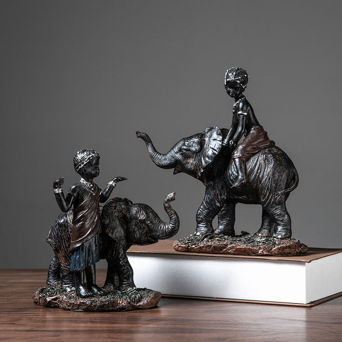 Resin Kids with Elephant Figurine Home Office Decor