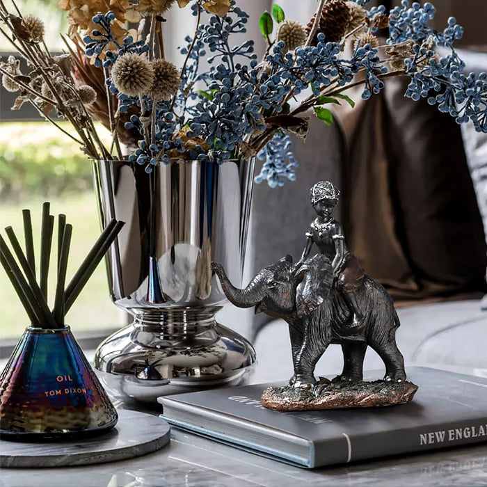 Resin Kids with Elephant Figurine Home Office Decor