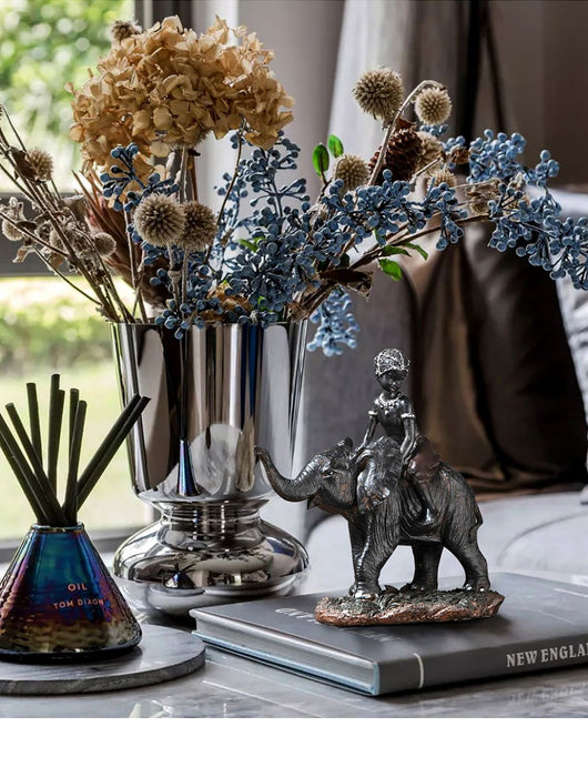 Resin Kids with Elephant Figurine Home Office Decor