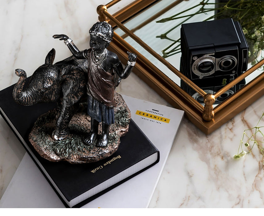 Resin Kids with Elephant Figurine Home Office Decor