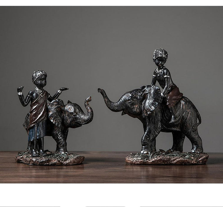 Resin Kids with Elephant Figurine Home Office Decor