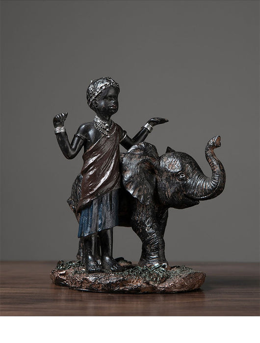 Resin Kids with Elephant Figurine Home Office Decor