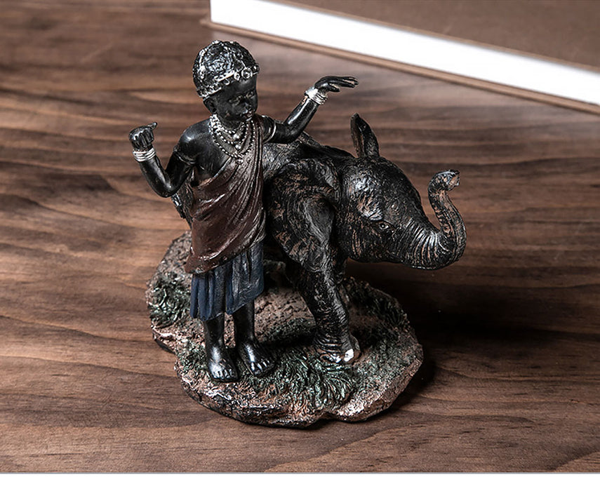 Resin Kids with Elephant Figurine Home Office Decor