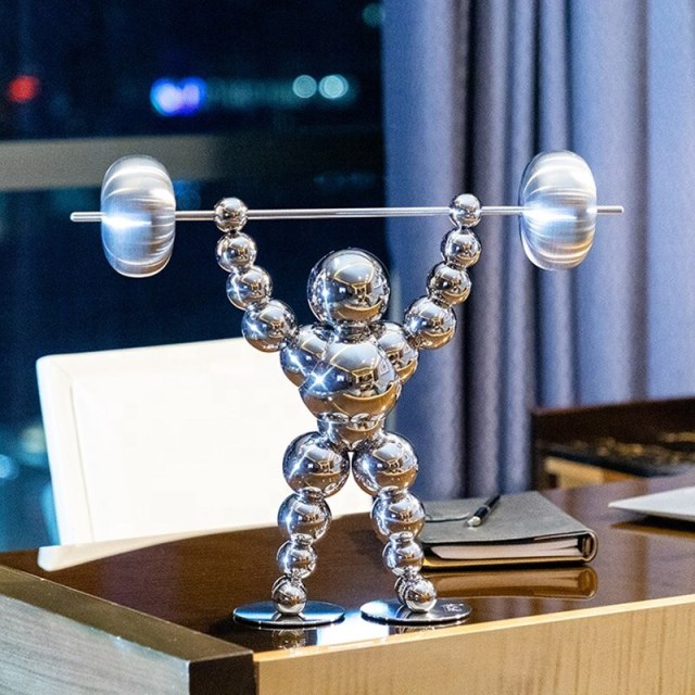 Abstract Stainless Steel Weightlifting Statue Home Office Decor