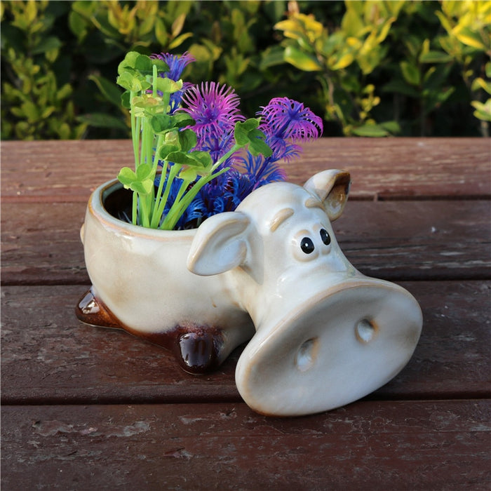 Porcelain Piggy Statue Flower Pot Home Office Decor