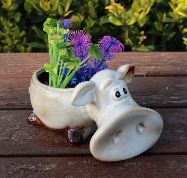 Porcelain Piggy Statue Flower Pot Home Office Decor
