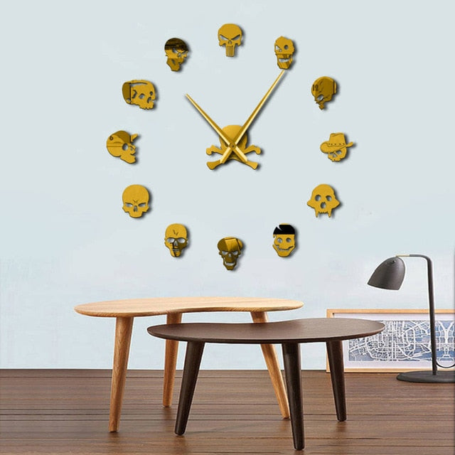 Frameless Skull Heads Mirror Wall Clock